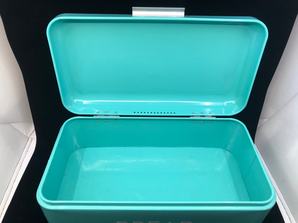 TEAL METAL ENAMEL BREAD BOX.