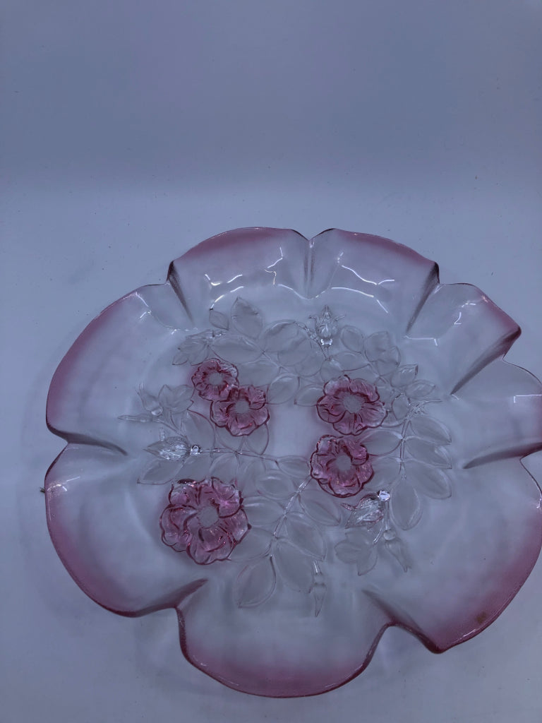 PINK GLASS EMBOSSED FLOWERS DISH.