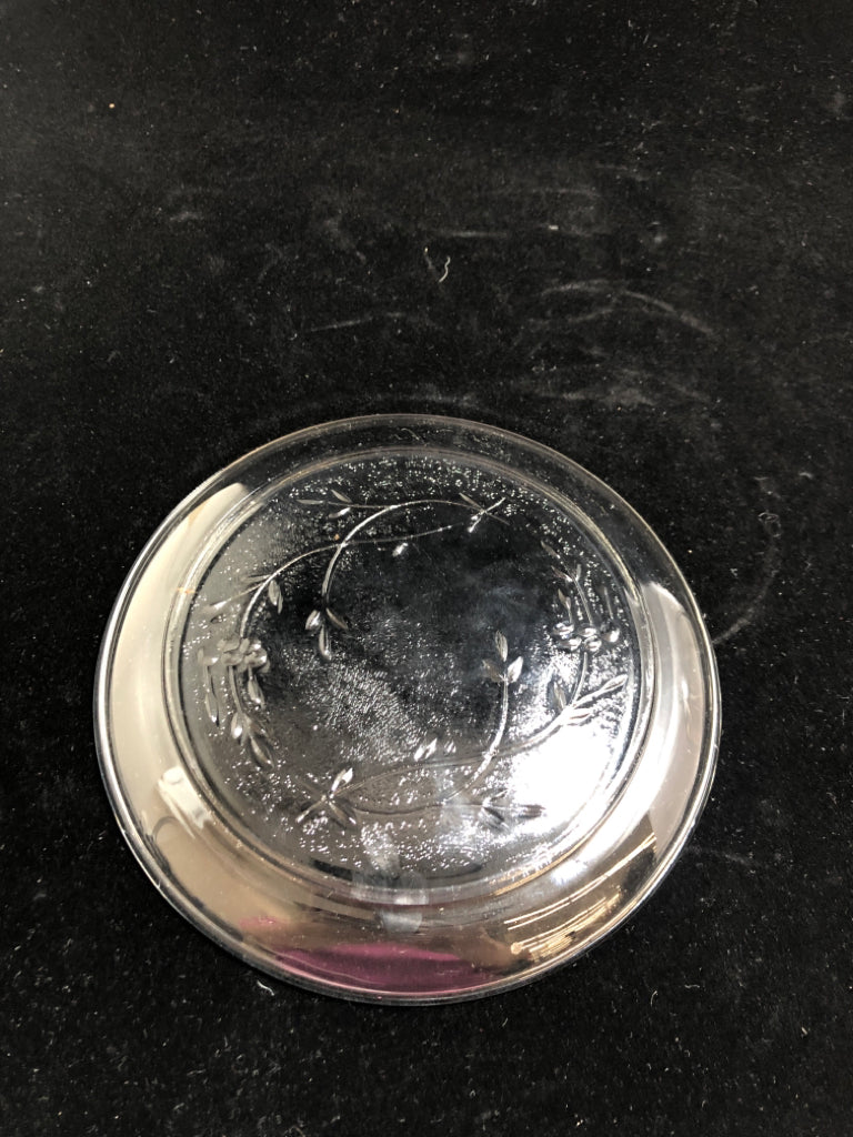 GLASS ETCHED COVERED BUTTER DISH.
