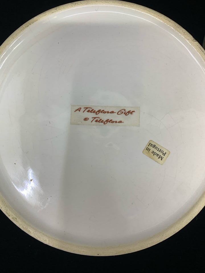 VTG PUNCHED TIN BIRDS & HEART HOLDER W/WHITE BOWL.