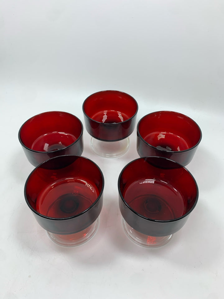 5 RED GLASS TRIFLE DISHES.