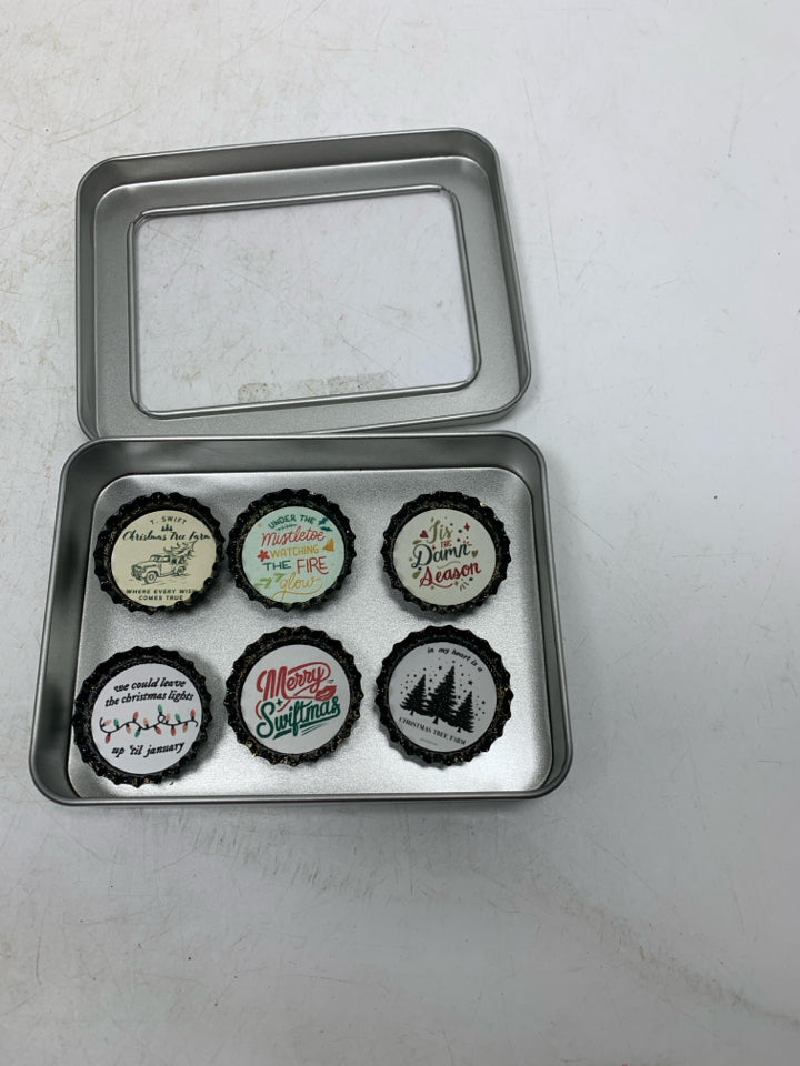 TAYLOR SWIFT THEMED BOTTLE CAP MAGNETS IN METAL BOX.
