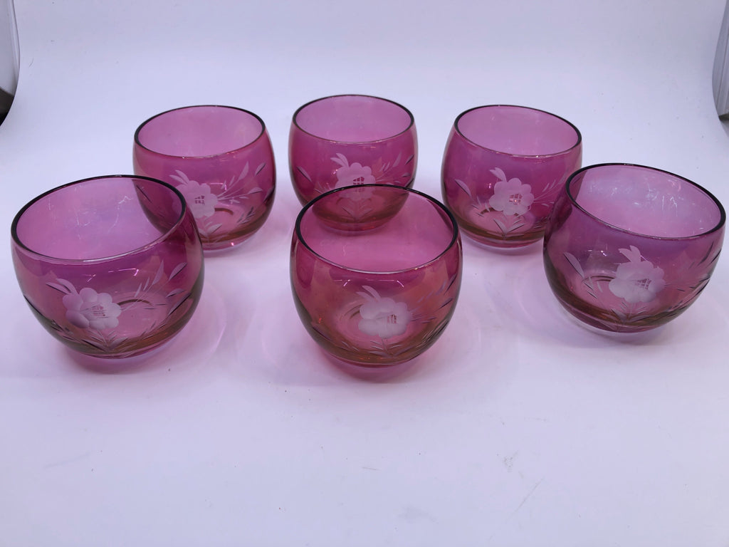 VTG 7PC RED CRANBERRY ETCHED DECANTER SET- 6 GLASSES, 1 DECANTER.