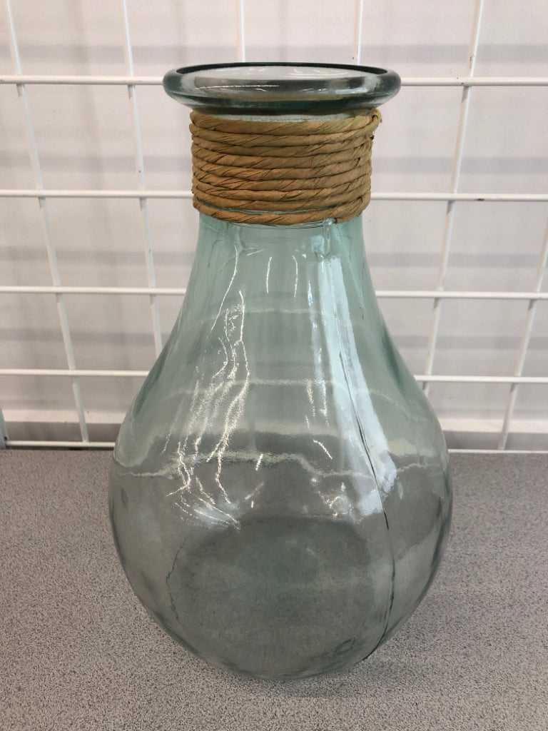 LG BLUE GLASS VASE W/WRAPPED TWINE.
