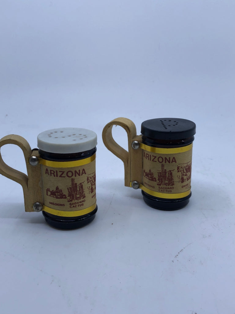 WOOD WRAPPED ARIZONA BROWN GLASS S/P SHAKERS.