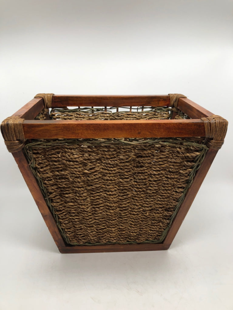 WOODEN FRAMED WOVEN BASKET.