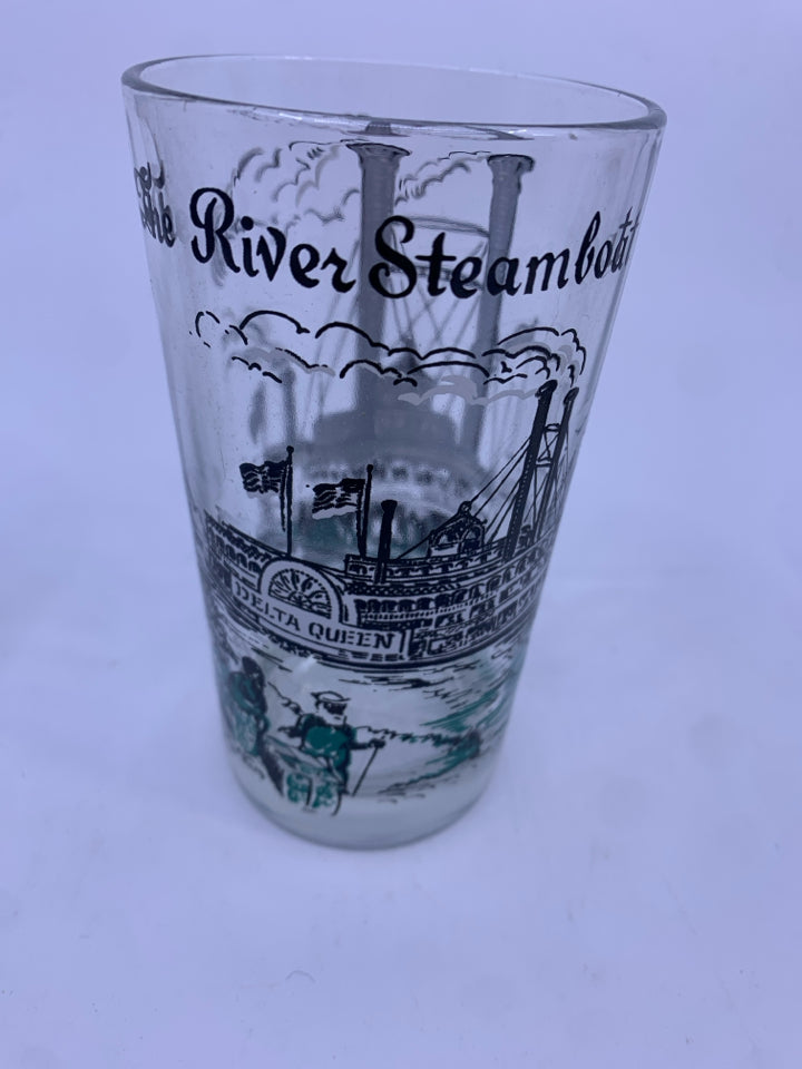 6 VTG TUMBLER GLASSES W SCENES IN GOLD METAL CARRIER.