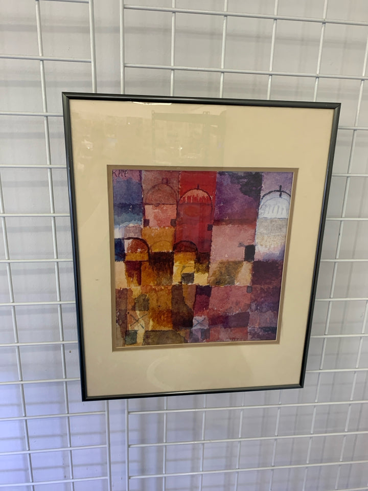 COLORFUL ABSTRACT SQUARE WALL ART IN SILVER FRAME.