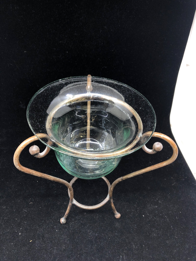 METAL SCROLL STAND W/ GLASS INSERT CANDLE HOLDER.