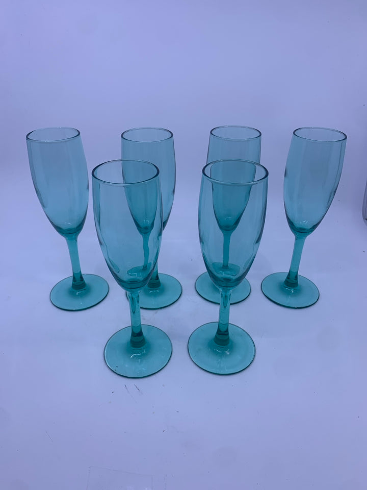 6 TEAL CHAMPAGNE FLUTES.