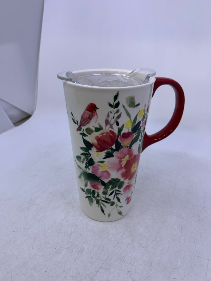 TALL WHITE MUG W/ RED FLOWERS BIRDS & PLASTIC TRAVEL LID.