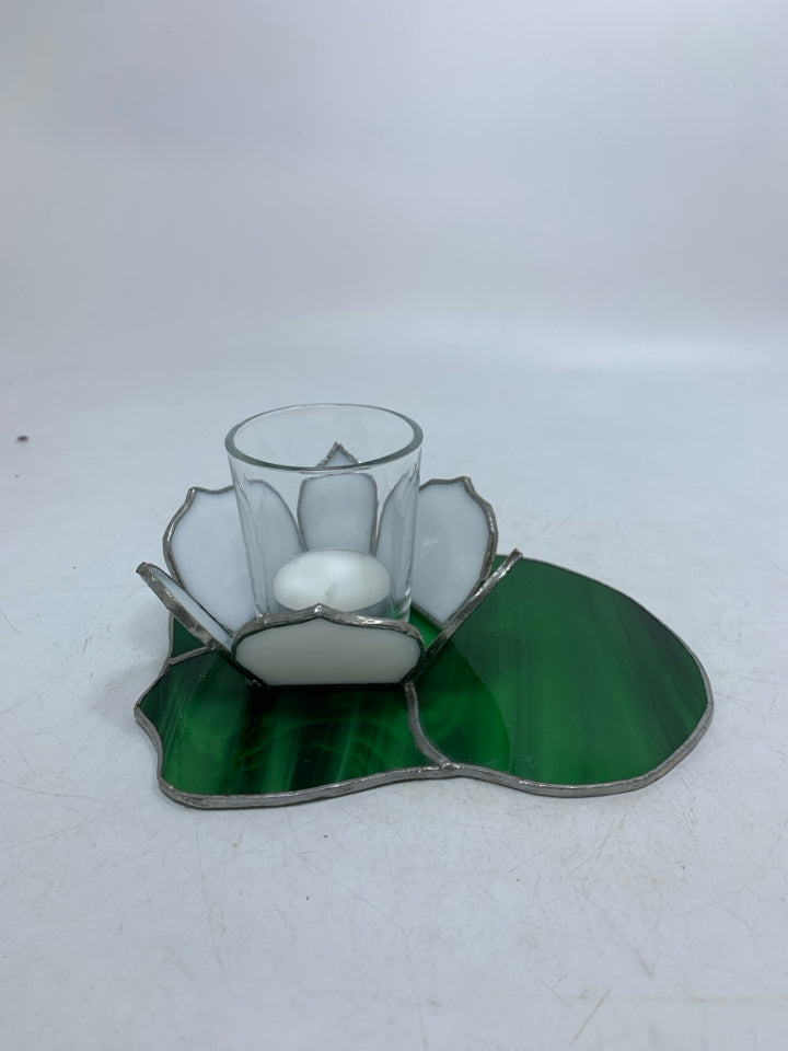 STAINED GLASS LILLY PAD TEA LIGHT HOLDER.