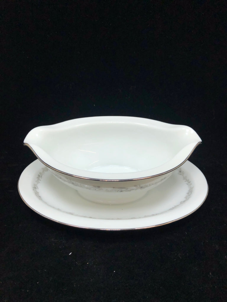 GRAVY BOAT W/ATTACHED DRIP DISH+SILVER RIM- CRESTMONT.