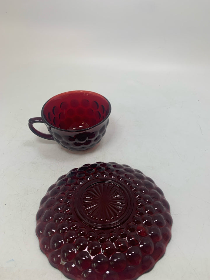 VTG RED BUBBLE DEPRESSION GLASS TEACUP.
