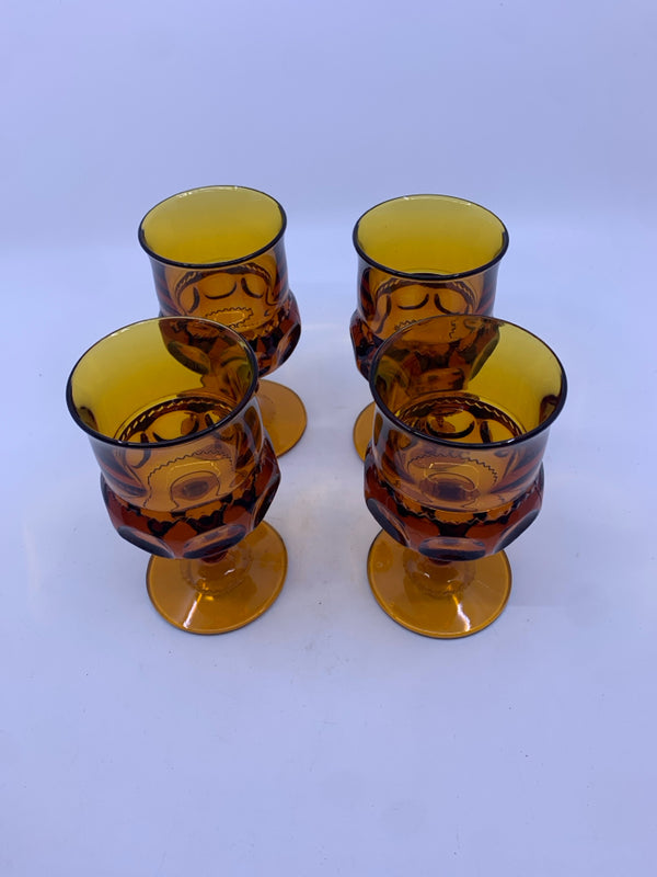 4 VTG AMBER GLASS GOBLETS.