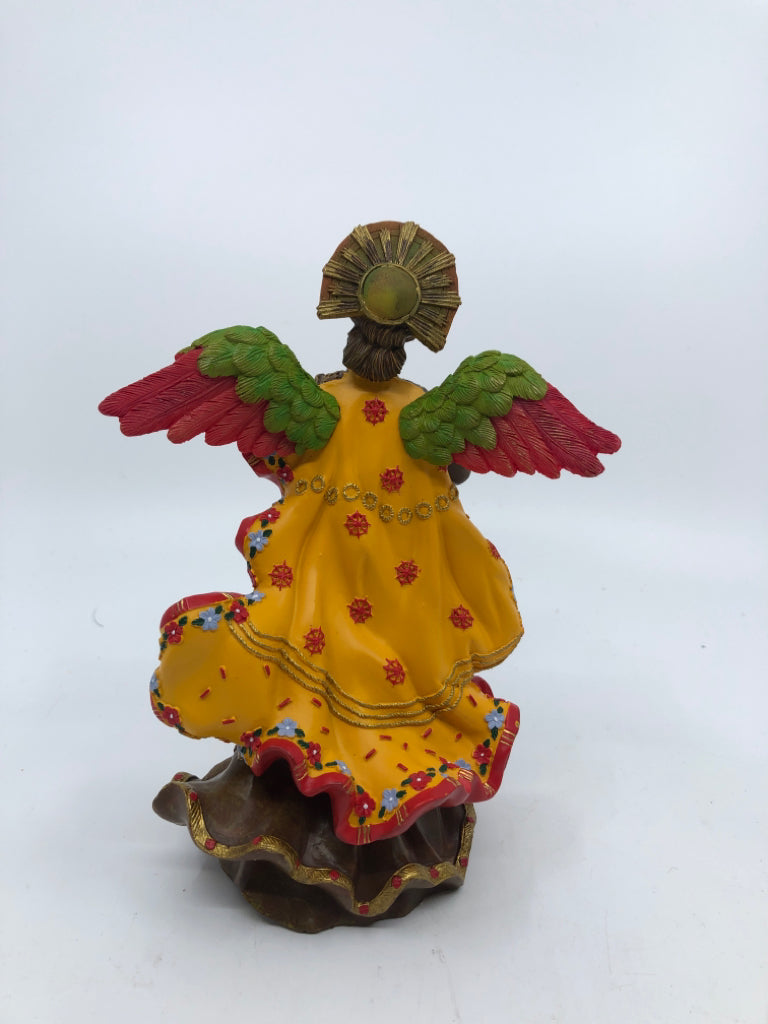 RESIN ANGEL W/ BROWN DRESS HOLDING BOOK.