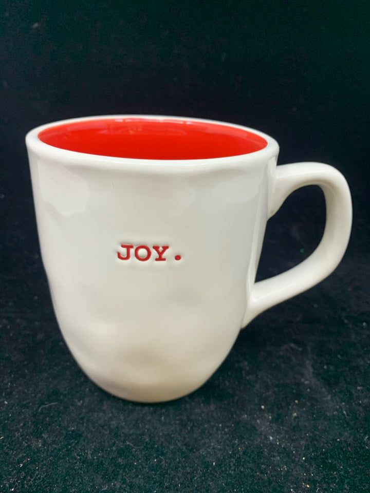 WHITE W/ RED JOY COFFEE MUG-RAE DUNN-5"