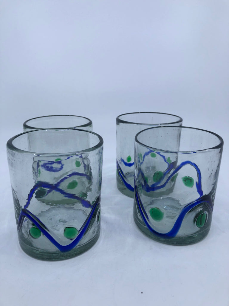 4 GREEN AND BLUE SHORT BLOWN GLASS GLASSES.