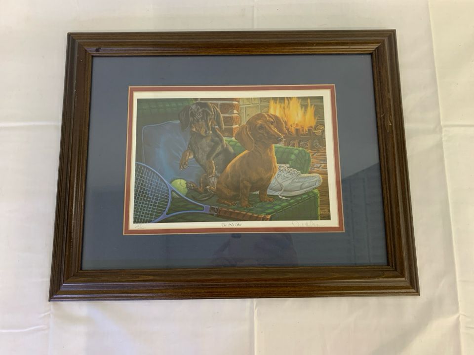 2 DACHSHUND SITTING "NET SET" TENNIS THEME- FRAMED SIGNED PRINT.