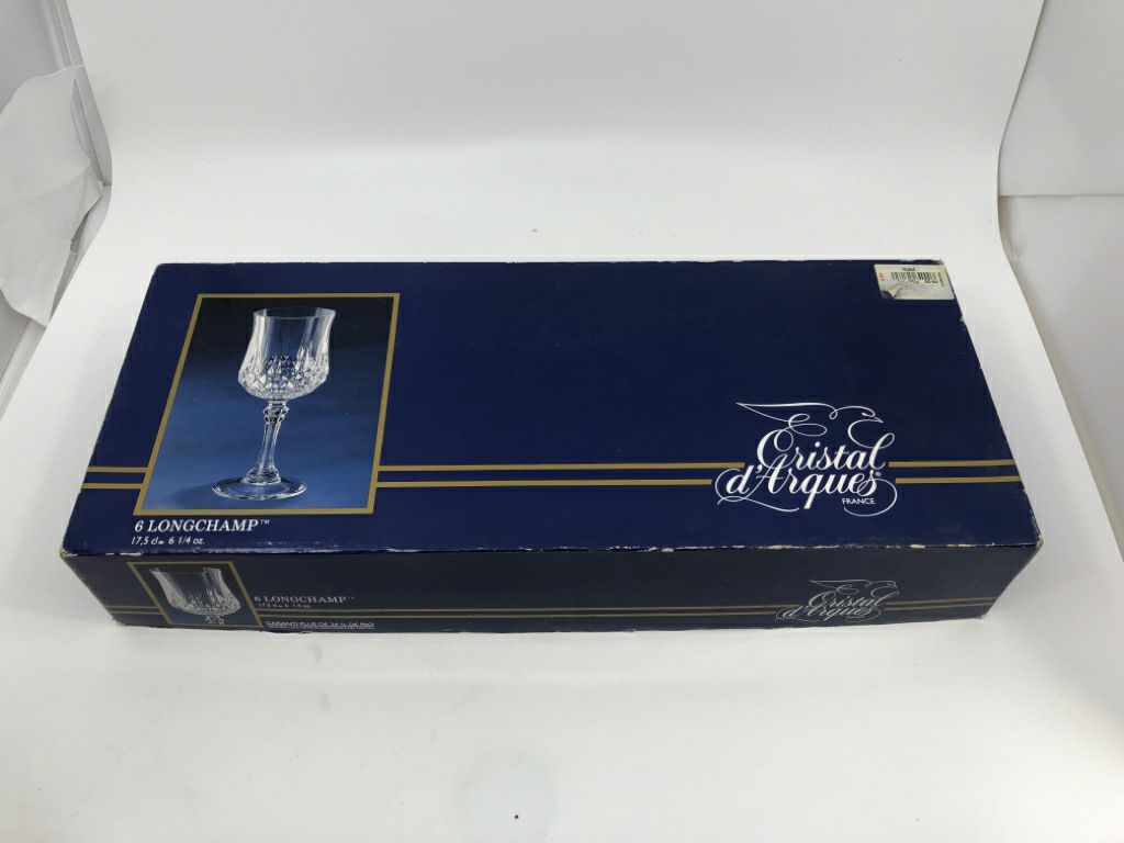 6 LONGCHAMP WINE GLASSES- IN BOX.