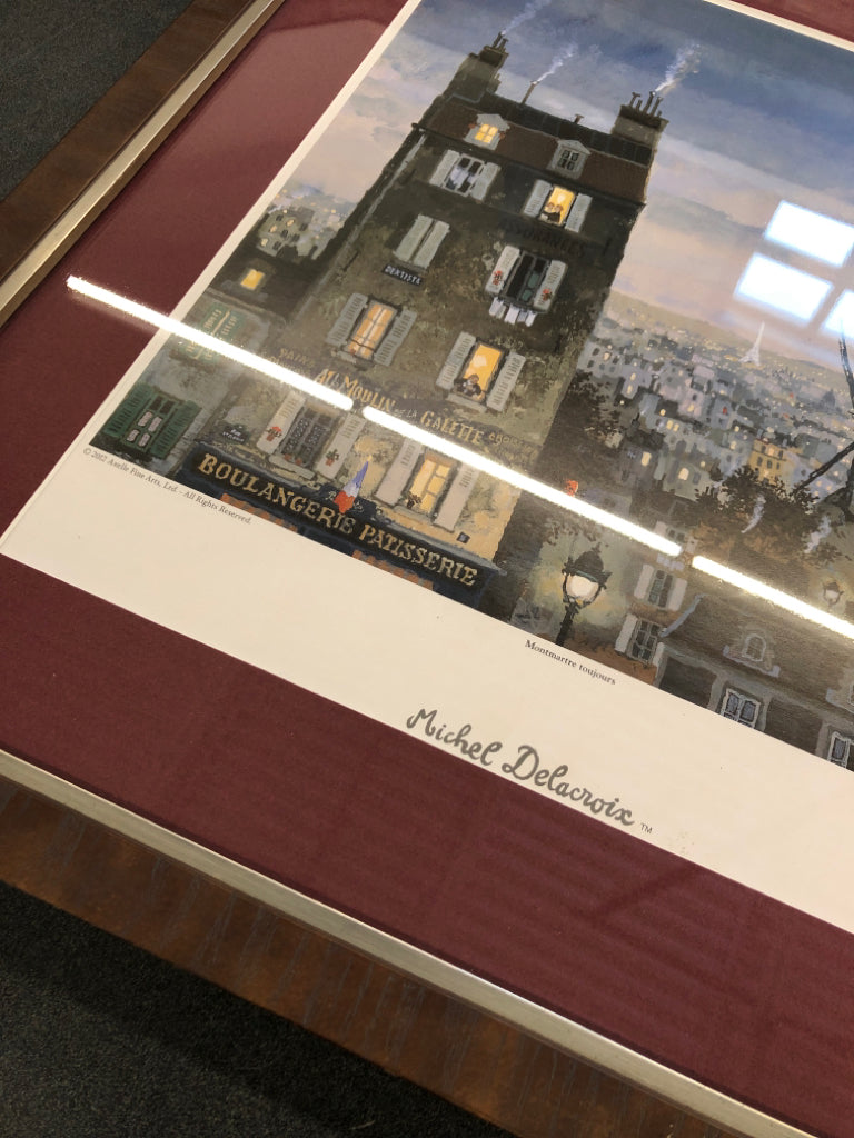 PARIS AT NIGHT W/MAROON & BROWN WOODEN FRAME WALL HANGING.