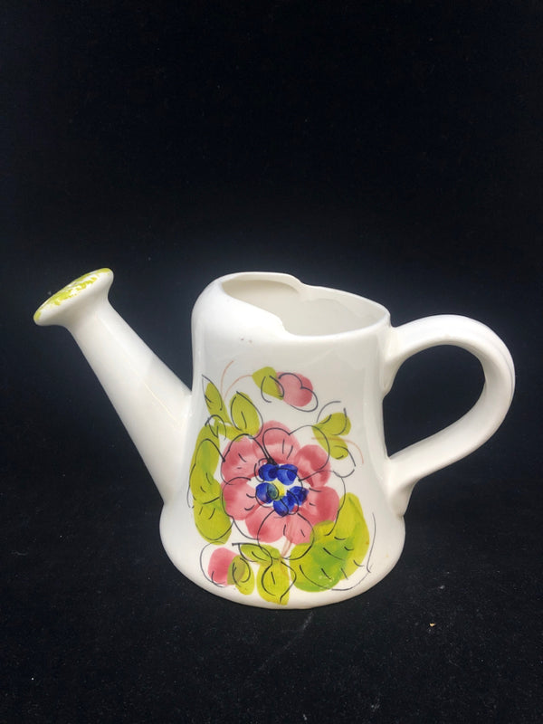 CERAMIC WATERING CAN W/PINK AND BLUE FLOWER.