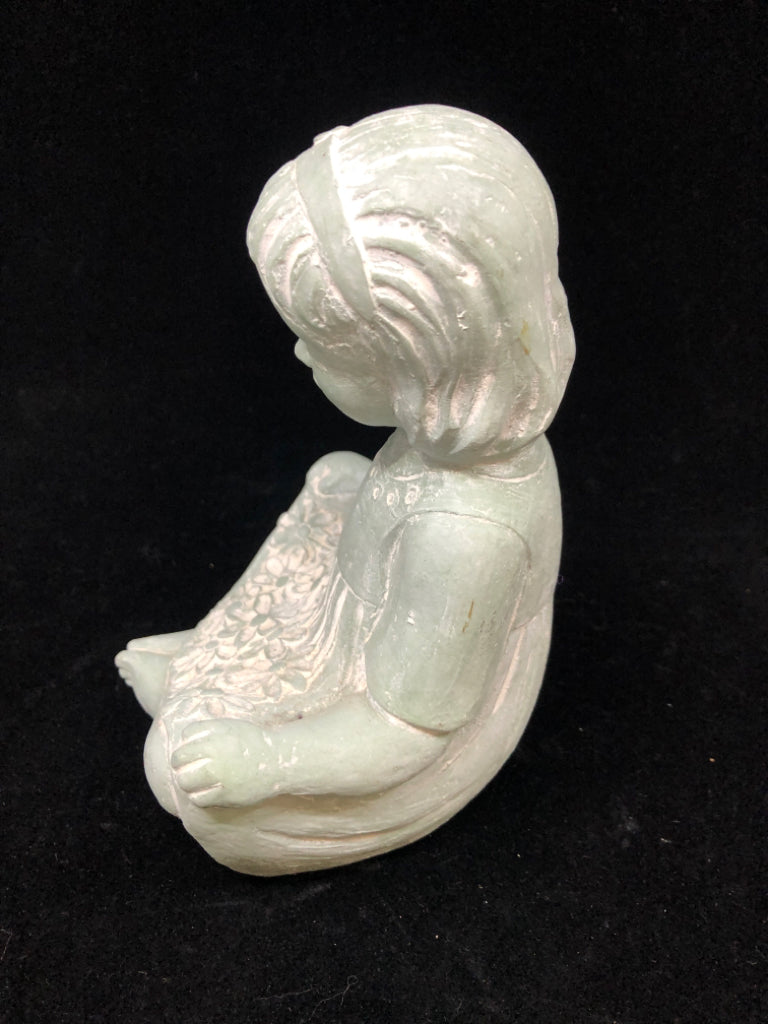 ISABEL BLOOM EMMA GIRL W/DAISIES BLUE CONCRETE FIGURINE.