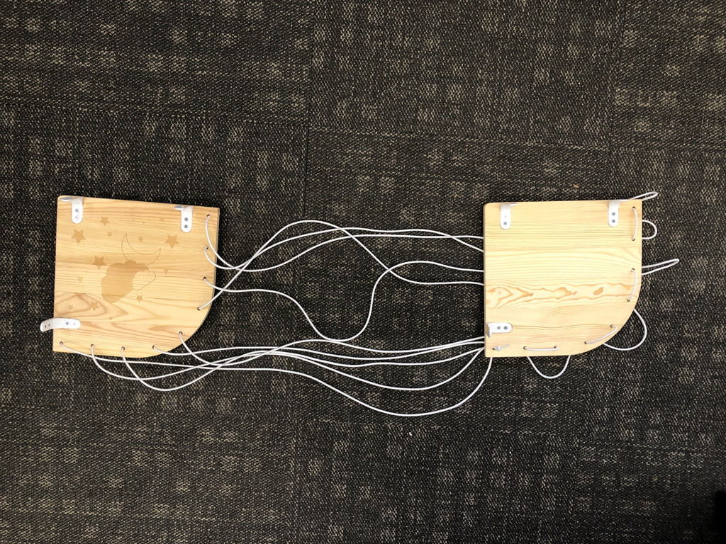 WOOD CORNER SHELF W BUNGEE CORDS STUFFED ANIMAL HOLDER.