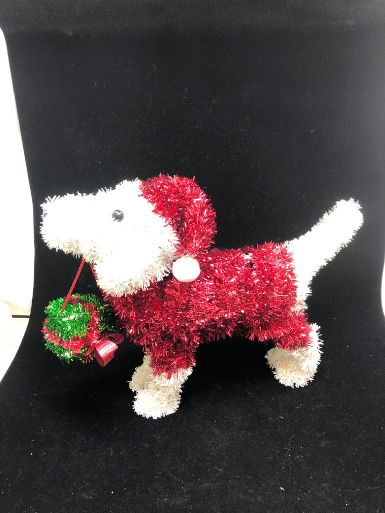 TINSEL DOG WITH PRESENT.