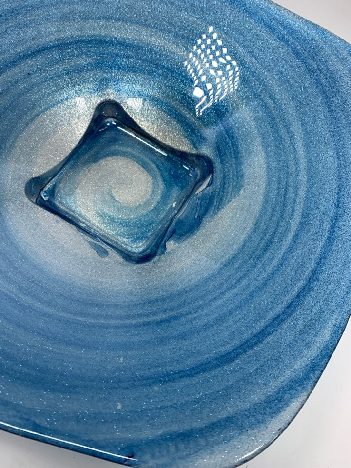 BLUE GLITTER SWIRL GLASS CENTERPIECE BOWL.