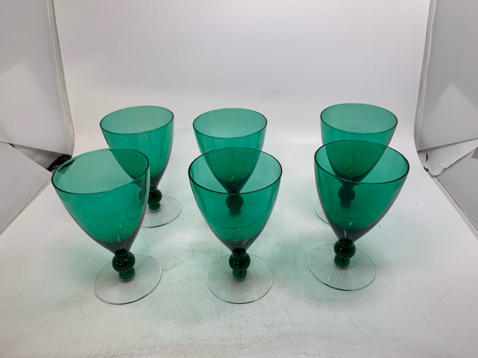 6 CLEAR STEM EMERALD GREEN GLASSES.
