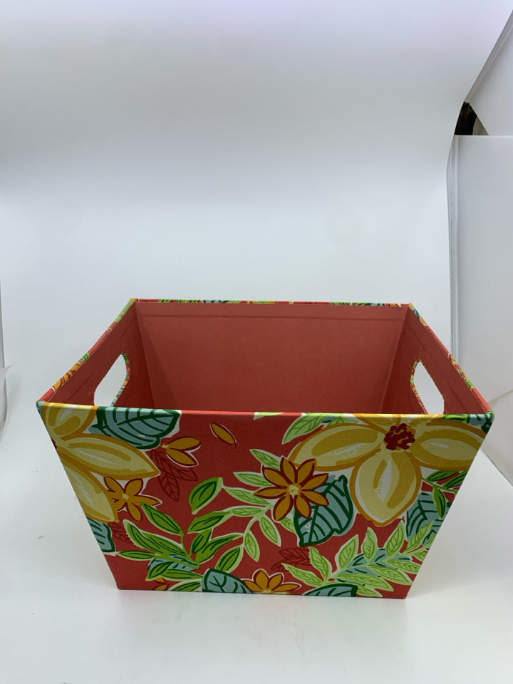 RED AND YELLOW FLORAL BASKET W HANDLES.