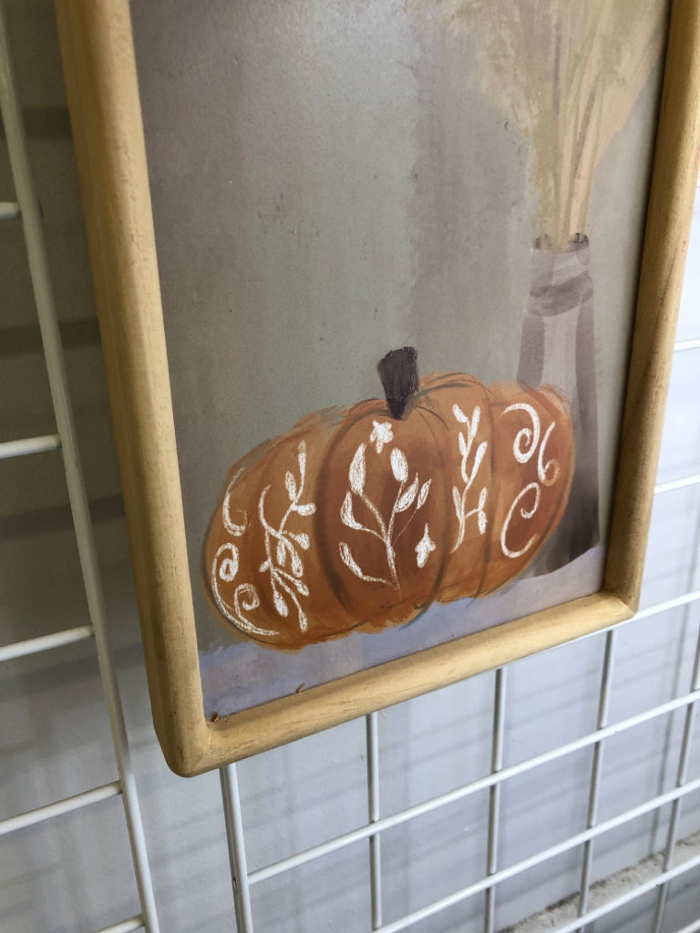 PAINTED PUMPKIN, UNFINISHED WOOD WALL HANGING.