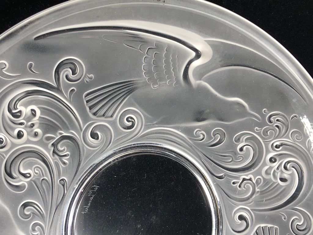 VTG FROSTED GLASS SERVING PLATE W/ETCHED BIRDS- VAL ST LAMBERT, GLOUCESTER.
