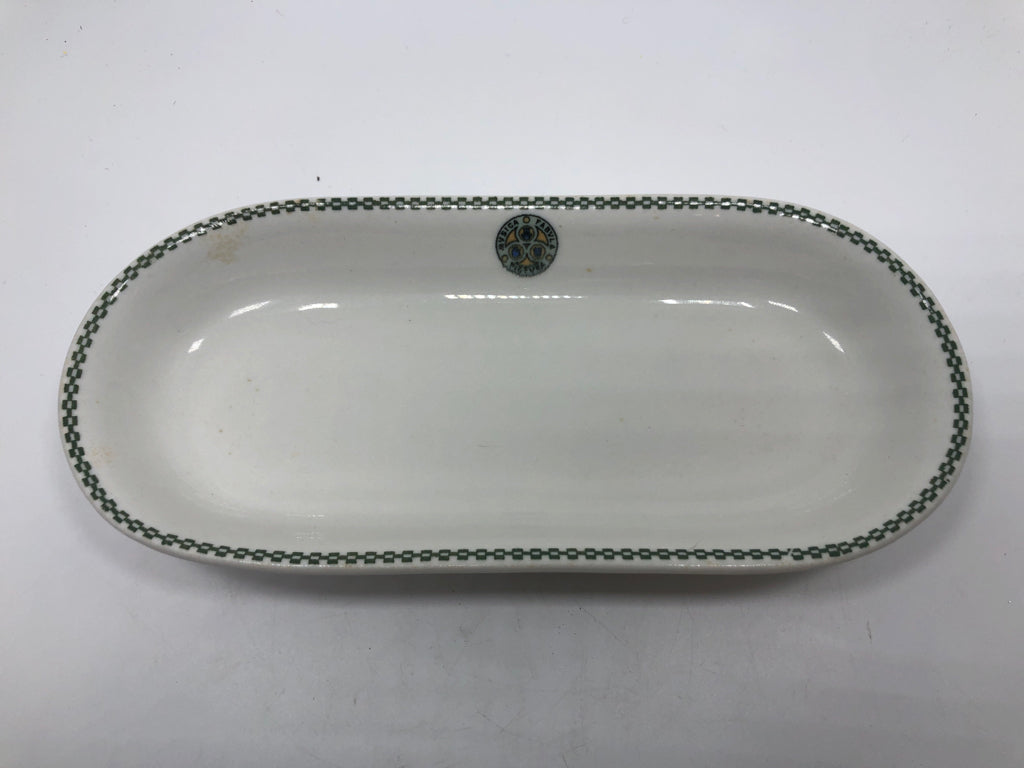 VTG WHITE CERAMIC DISH W/GREEN CHECKERED BORDER.
