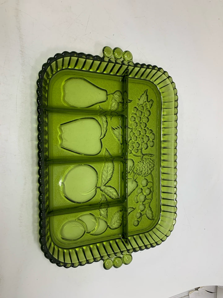 VTG DIVIDED GLASS TRAY W/ EMBOSSED FRUIT W/ HANDLES.