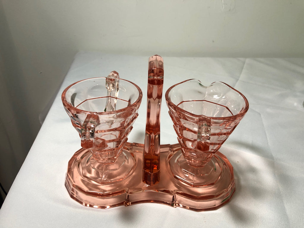 3PC VTG PINK DEPRESSION GLASS SUGAR AND CREAMER SET W STAND.