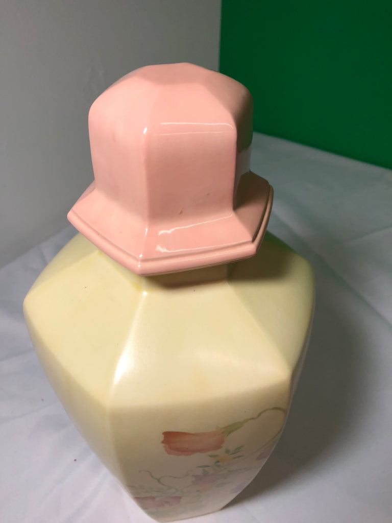 HANDMADE PALE YELLOW/PINK FLORAL GINGER JAR.