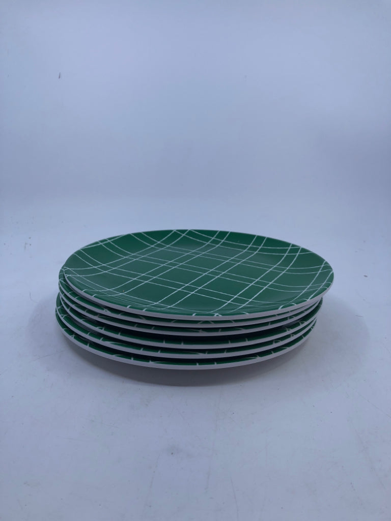 6 MELAMINE GREEN/PLAID SALAD PLATES.