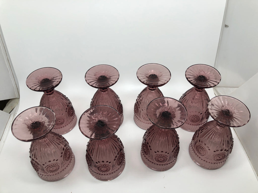 8 PURPLE GLASS GOBLETS W/MEDALLION STYLE.