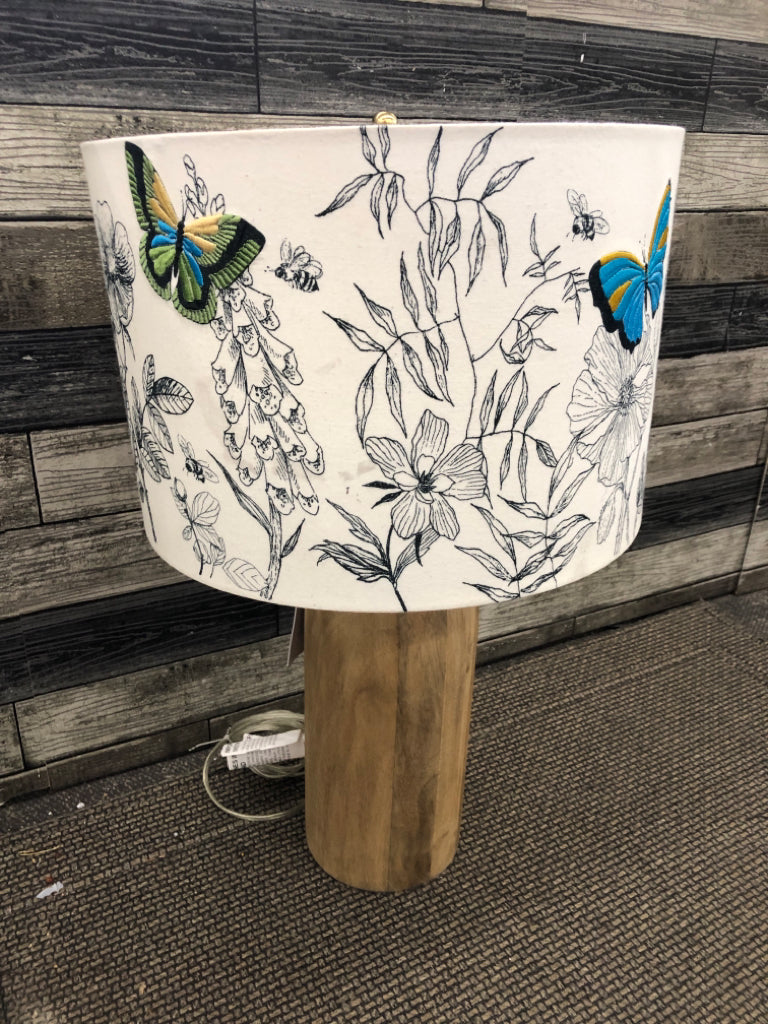 WOOD BASE LAMP W/ FLOWER SHADE-EMBOSSED BUTTERFLIES.
