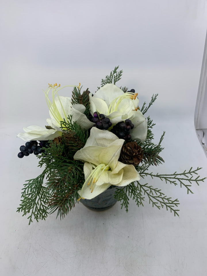 WHITE FLOWER WINTER BUNCH IN BLUE PLANTER.