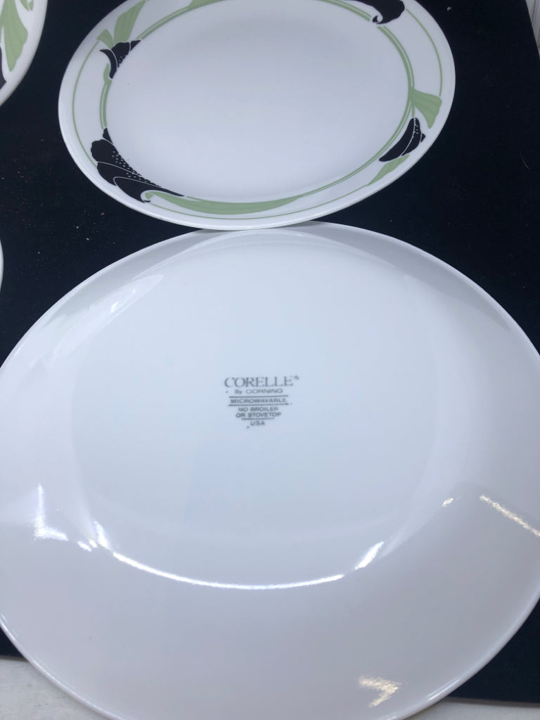 4 BLACK AND GREEN CORELLE DINNER PLATES.