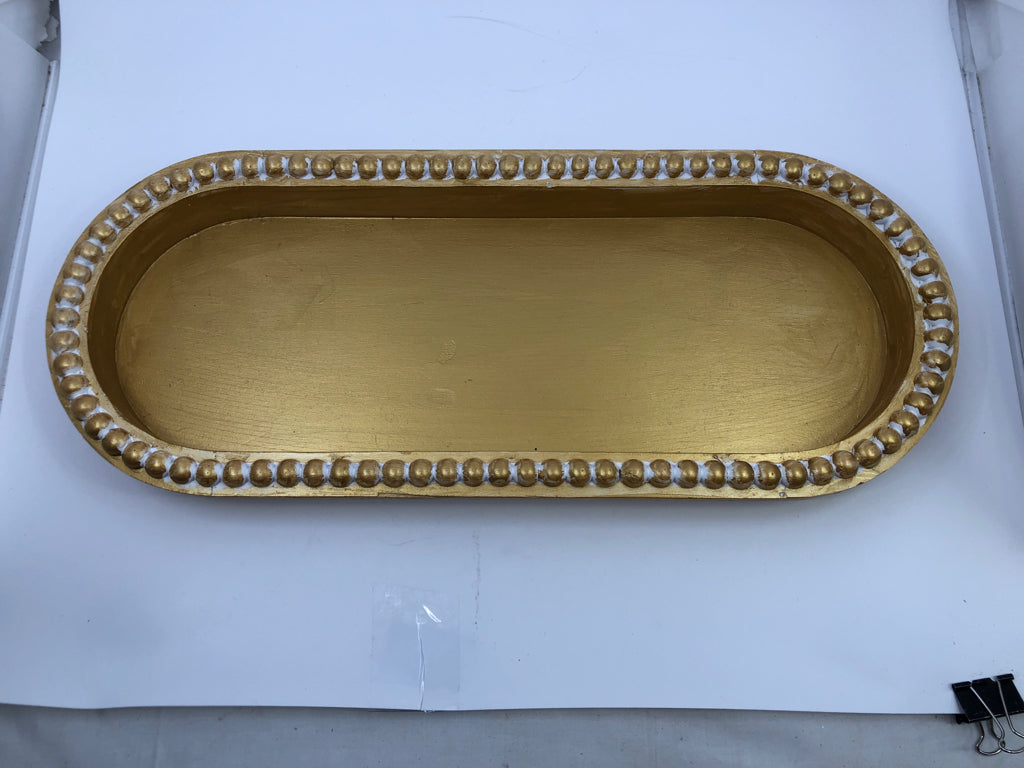 WOOD GOLD PAINTED LIGHT WEIGHT WOOD OVAL TRAY W/ BEADED EDGE.