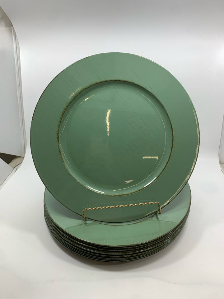 6 TEAL CHARGER PLATES.
