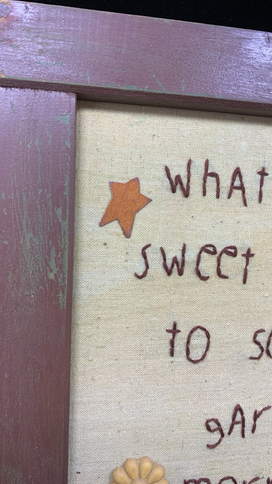 PRIMITIVE "WHAT SWEET SWEET DELIGHT" FABRIC PRINT IN BROWN FRAME.
