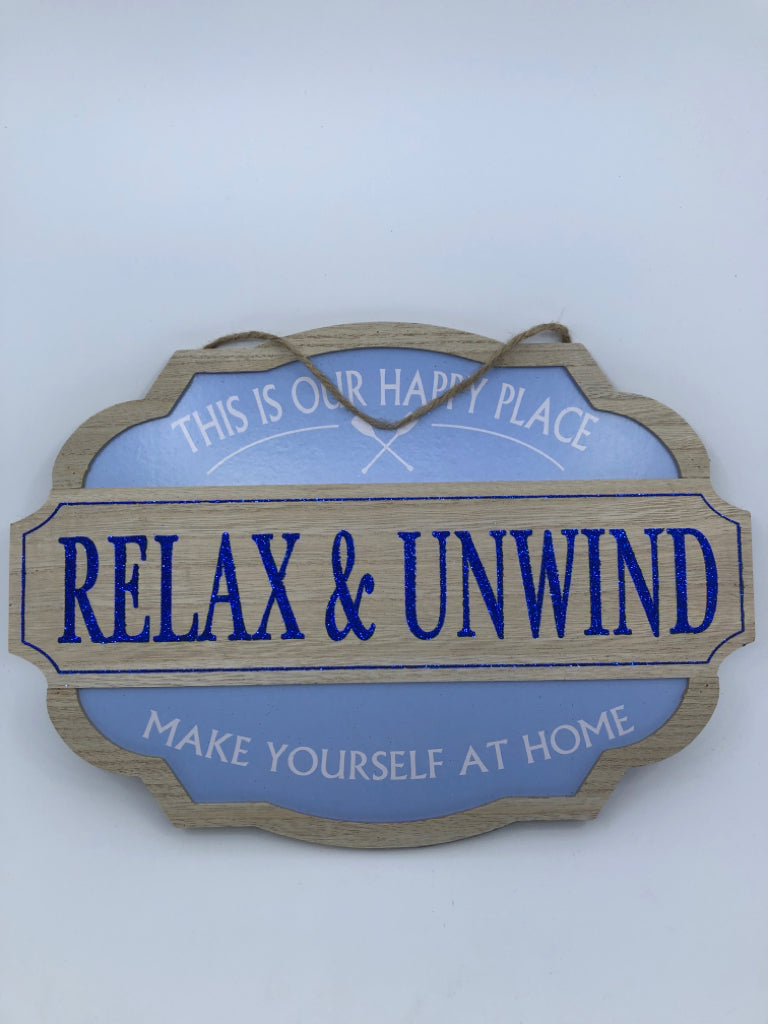 RELAX & UNWIND BLUE GLITTER SIGN.