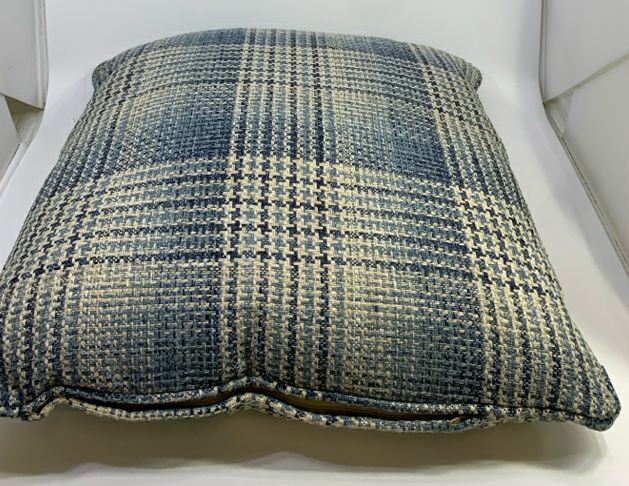 BLUE PLAID BURLAP ACCENT PILLOW.
