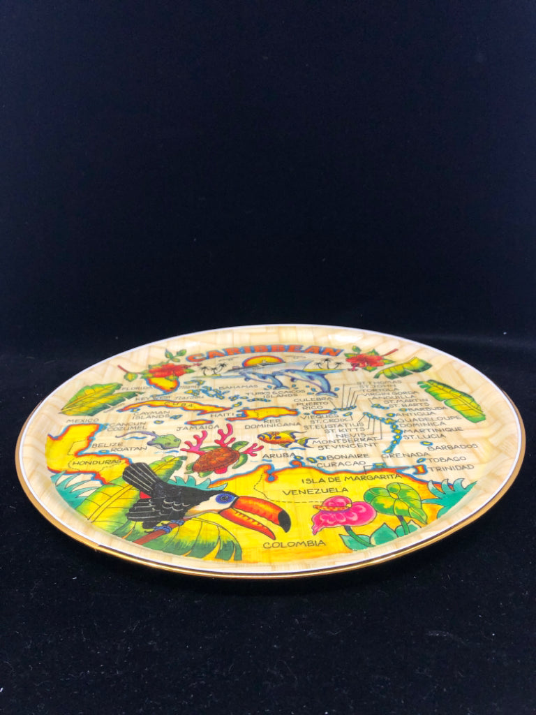 ROUND PLATTER CARIBBEAN ISLANDS FLORAL ANIMALS.