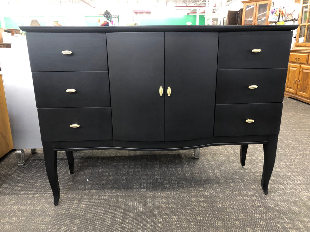 BLACK MID-CENTURY MODERN SIDEBOARD W/GOLD HARDWARE.